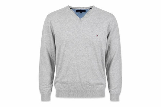Tommy Hilfiger Men’s Grey L V-Neck Cotton Logo Pullover Jumper