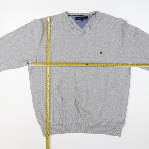Tommy Hilfiger Men’s Grey L V-Neck Cotton Logo Pullover Jumper
