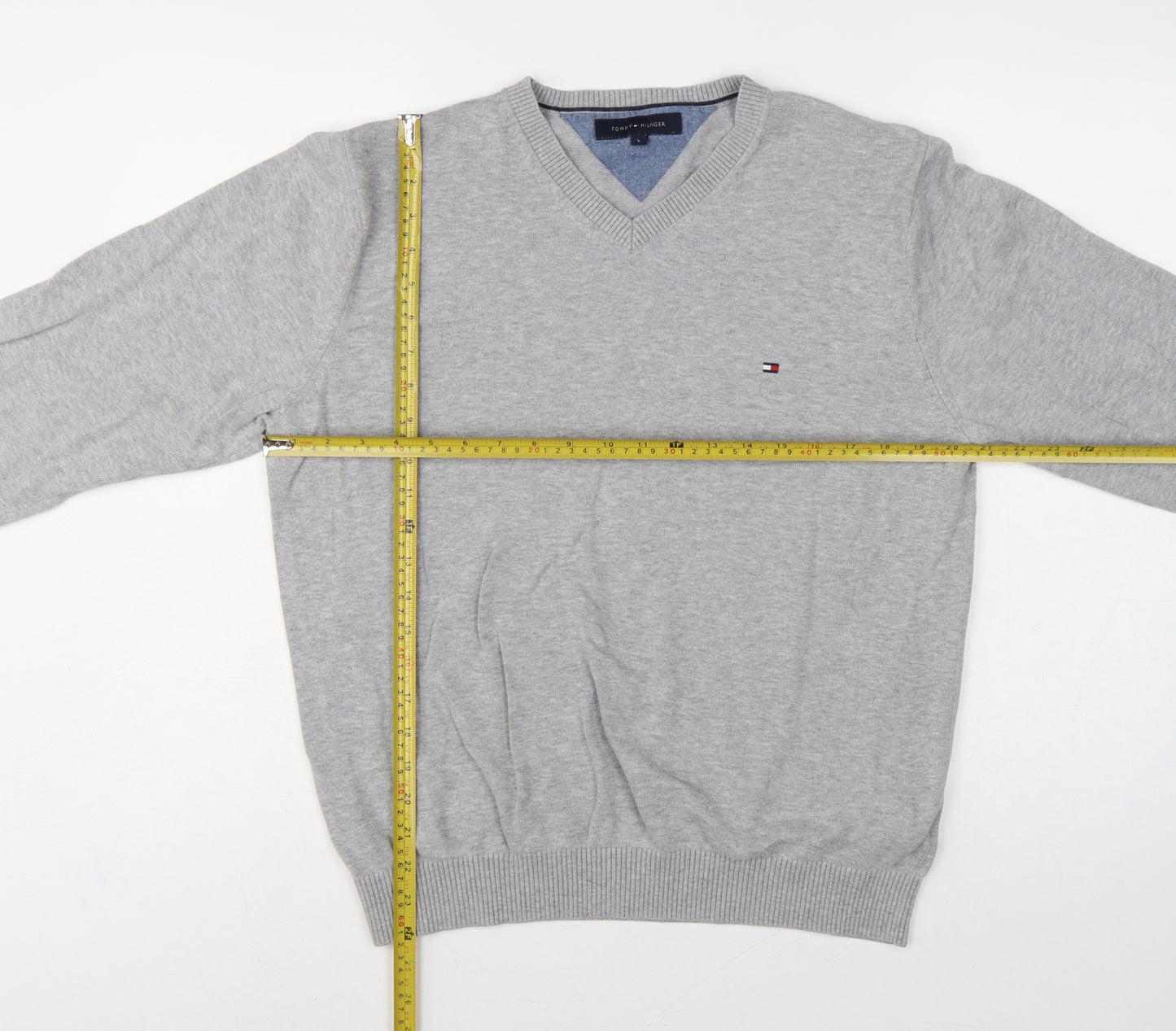 Tommy Hilfiger Men’s Grey L V-Neck Cotton Logo Pullover Jumper
