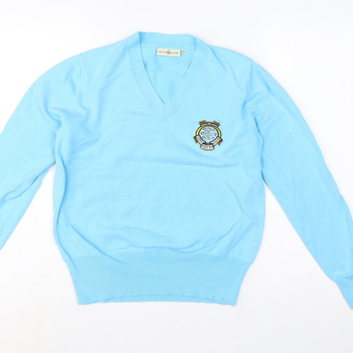 Glenmuir Women Blue M V-Neck Cotton Knit Logo Golf Jumper
