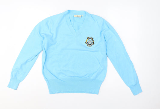 Glenmuir Women Blue M V-Neck Cotton Knit Logo Golf Jumper