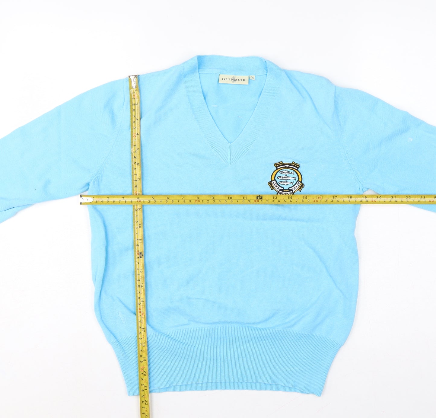 Glenmuir Women Blue M V-Neck Cotton Knit Logo Golf Jumper