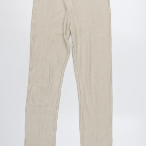 Stradivarius Women Beige S Ribbed High Rise Zip Hem Stretch Leggings