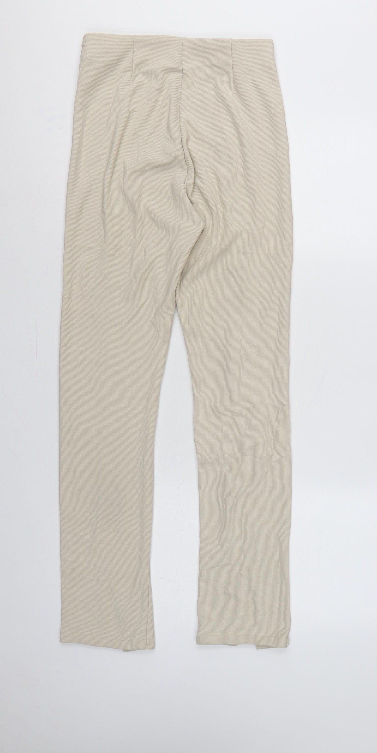 Stradivarius Women Beige S Ribbed High Rise Zip Hem Stretch Leggings