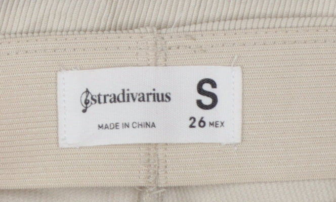 Stradivarius Women Beige S Ribbed High Rise Zip Hem Stretch Leggings