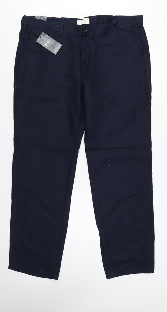 Marks and Spencer Men Blue 42 33 Regular Fit Linen Cotton Chino Trousers
