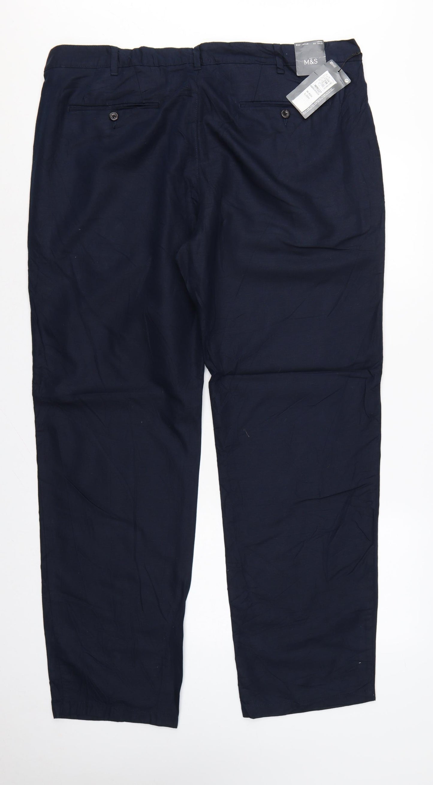 Marks and Spencer Men Blue 42 33 Regular Fit Linen Cotton Chino Trousers