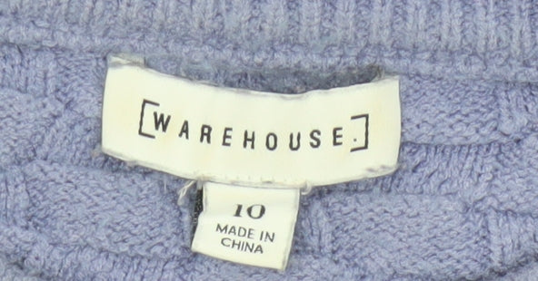 Warehouse Women Purple UK 10 Cable-Knit Crew Neck Viscose Jumper
