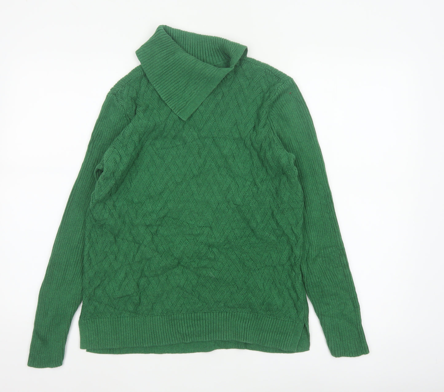 Lands' End Women's Green M Cable-Knit Roll Neck Cotton Jumper