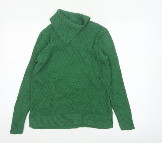 Lands' End Women's Green M Cable-Knit Roll Neck Cotton Jumper