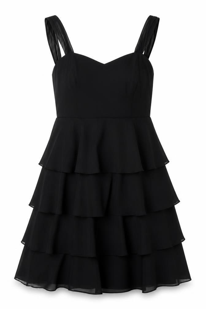 John Lewis Women Black UK 14 Long Chiffon Ruffle Fit & Flare Dress