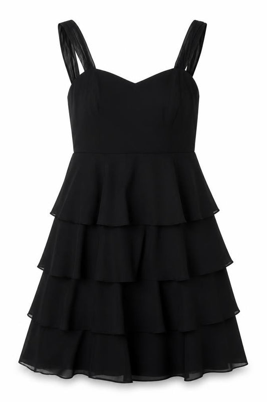 Front view of John Lewis Women Black UK 14 Long Chiffon Ruffle Fit & Flare Dress