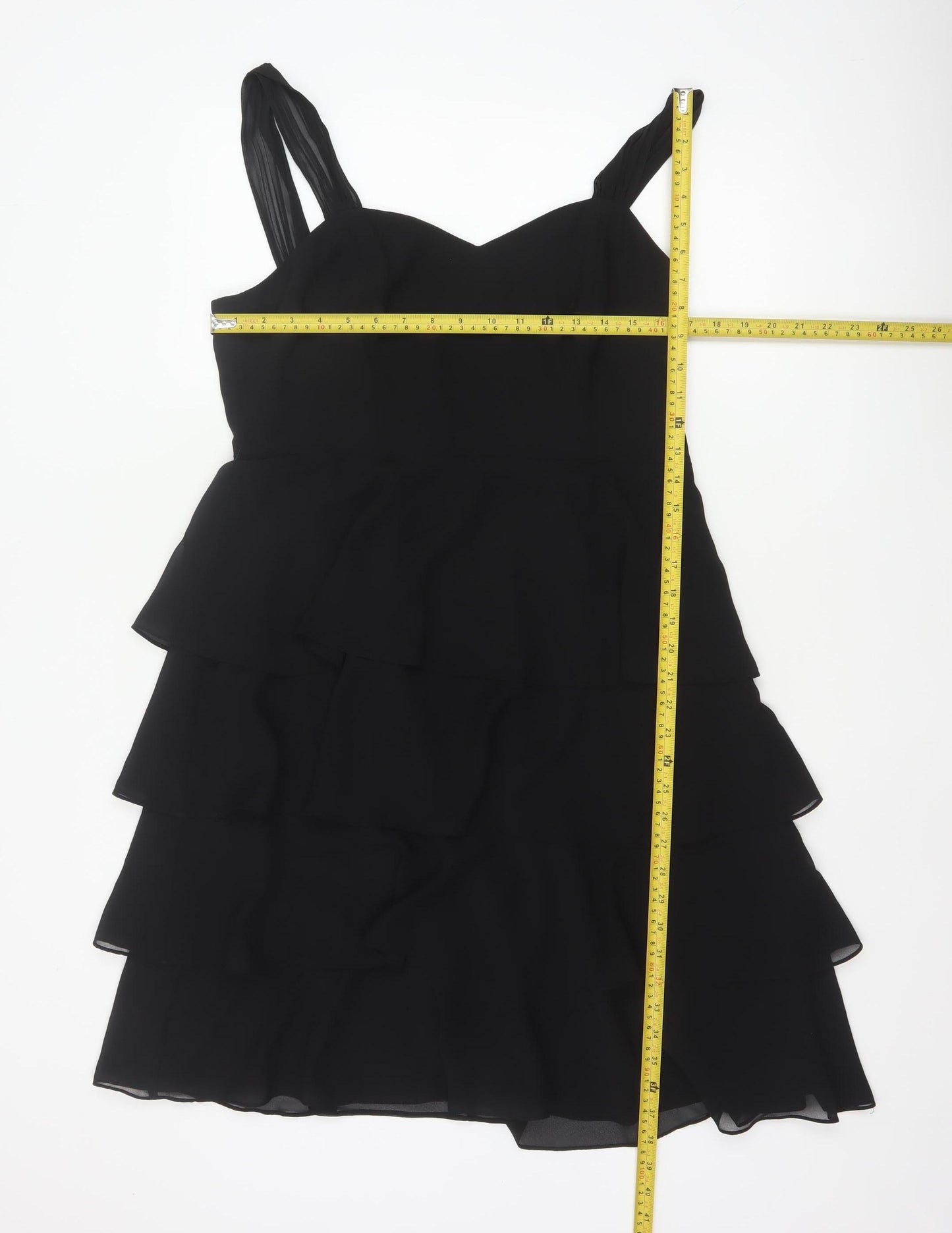 John Lewis Women Black UK 14 Long Chiffon Ruffle Fit & Flare Dress