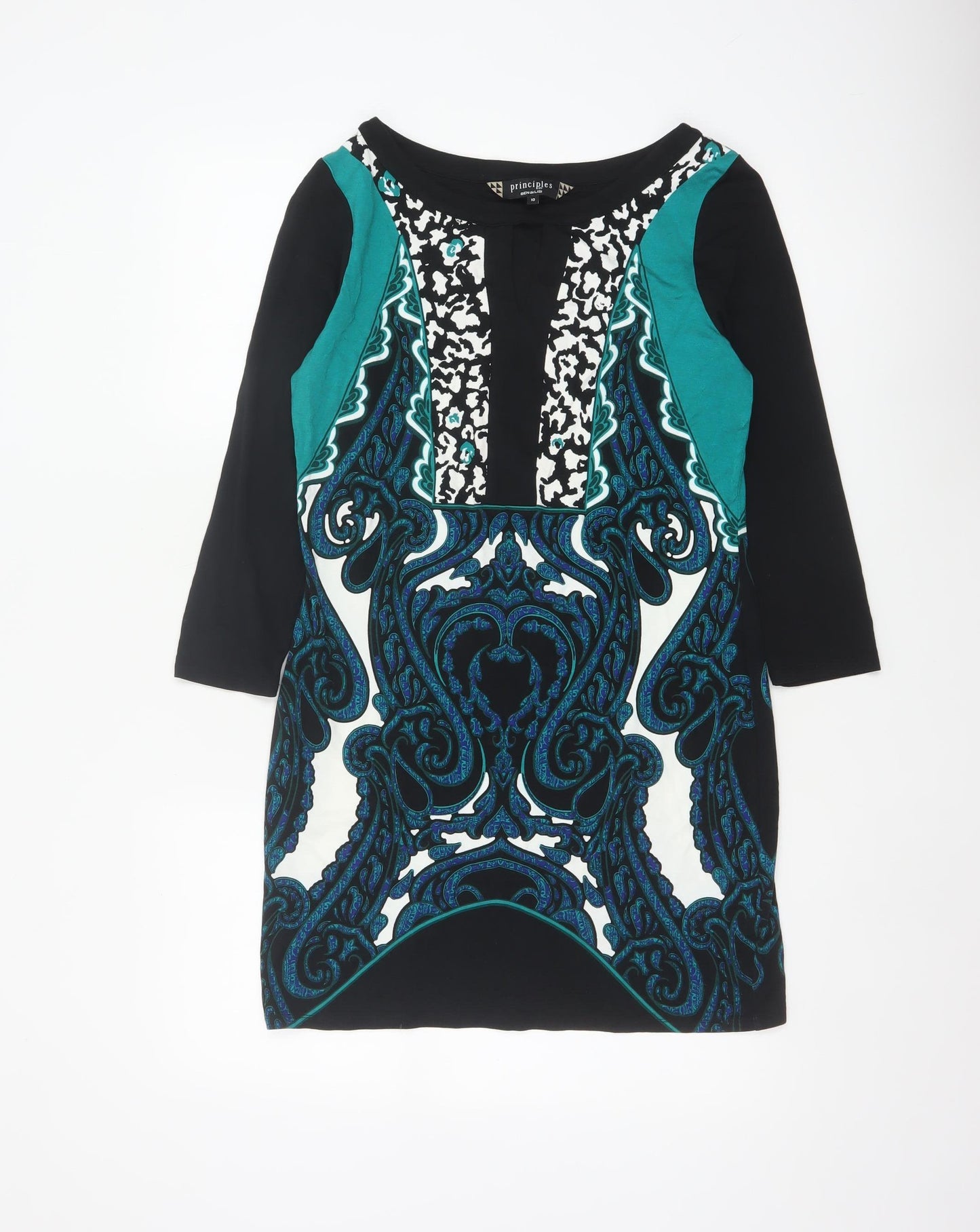Principles Ben de Lisi Women Black Teal UK 10 Paisley Sheath Dress