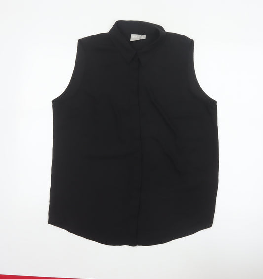 ASOS Women Black UK 14 Sleeveless Collared Button-Up Blouse
