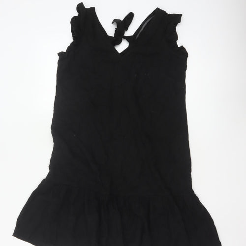 Next Women Black UK 12 Fit & Flare Ruffle Strap Linen Dress