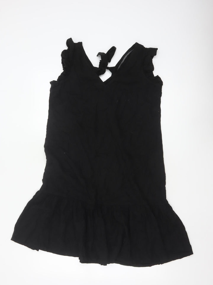 Next Women Black UK 12 Fit & Flare Ruffle Strap Linen Dress
