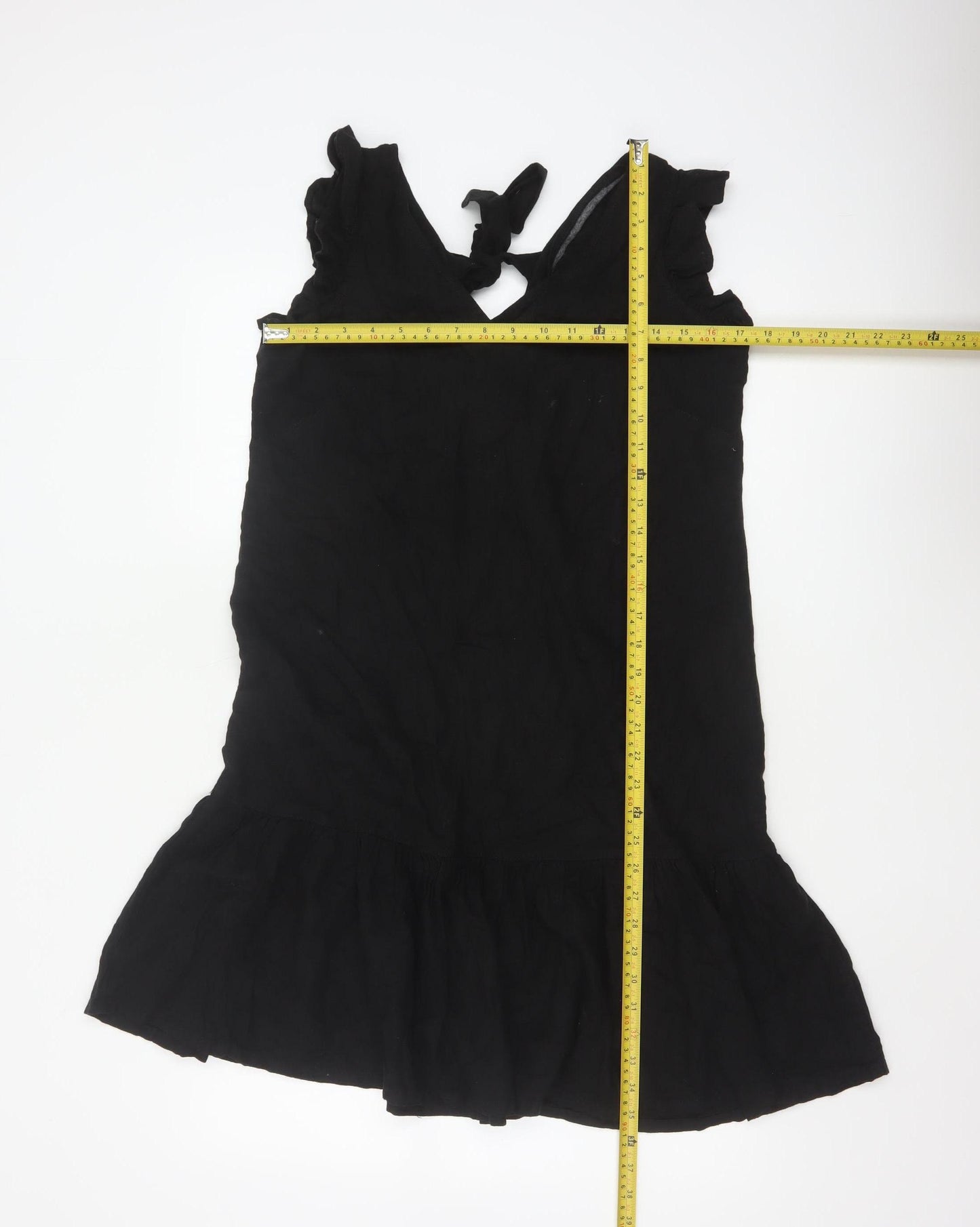 Next Women Black UK 12 Fit & Flare Ruffle Strap Linen Dress