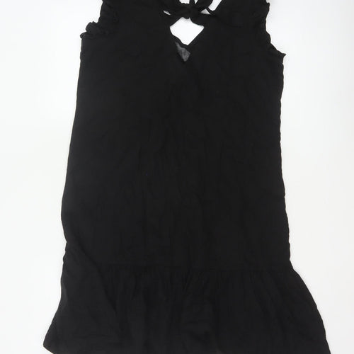 Next Women Black UK 12 Fit & Flare Ruffle Strap Linen Dress