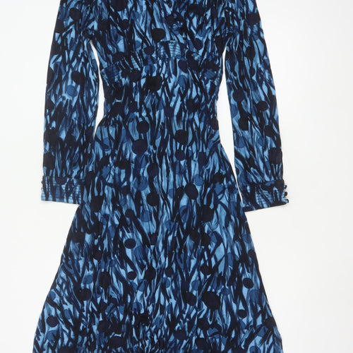 East Women Blue Print Size 14 Long Sleeve Fit & Flare Belted Dress