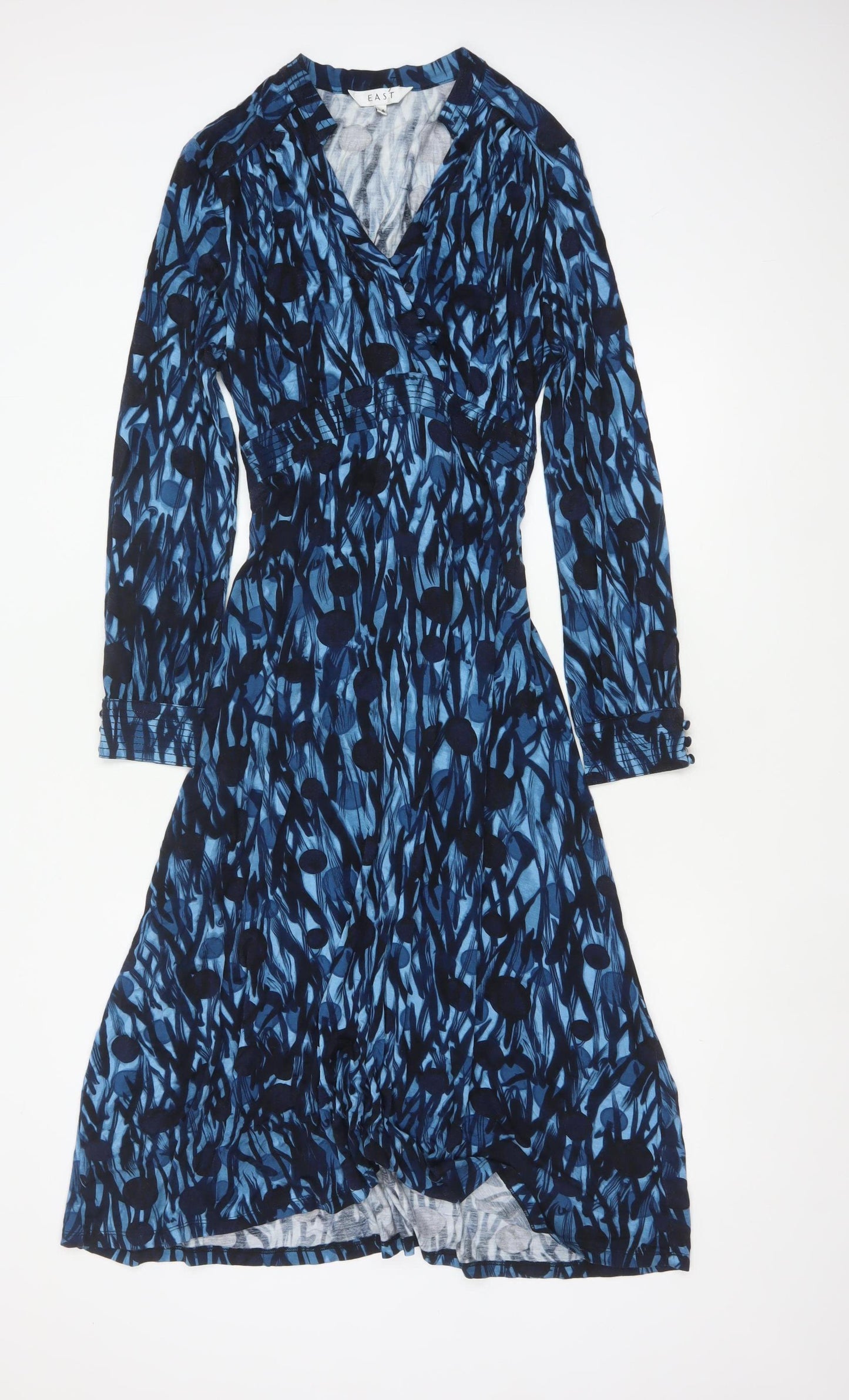 East Women Blue Print Size 14 Long Sleeve Fit & Flare Belted Dress