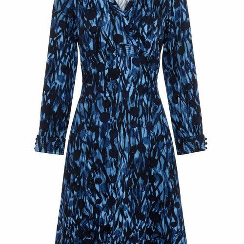 East Women Blue Print Size 14 Long Sleeve Fit & Flare Belted Dress