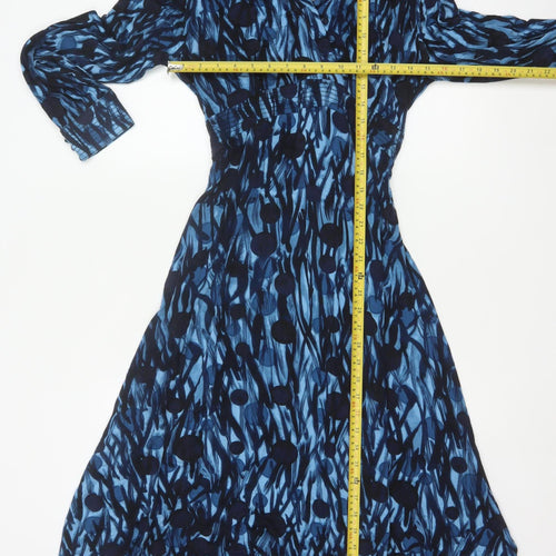 East Women Blue Print Size 14 Long Sleeve Fit & Flare Belted Dress