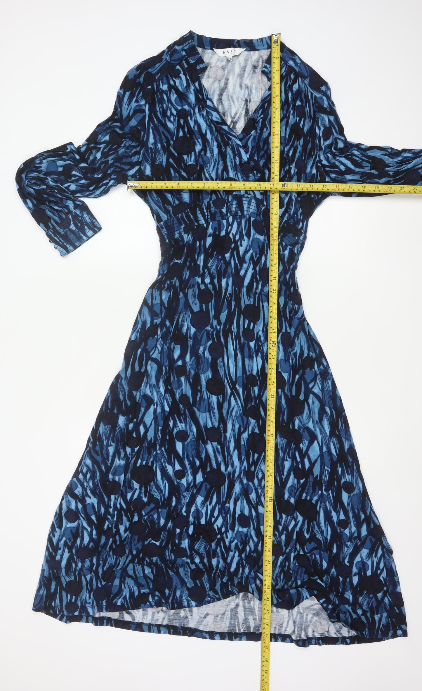 East Women Blue Print Size 14 Long Sleeve Fit & Flare Belted Dress