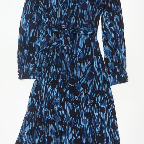 East Women Blue Print Size 14 Long Sleeve Fit & Flare Belted Dress