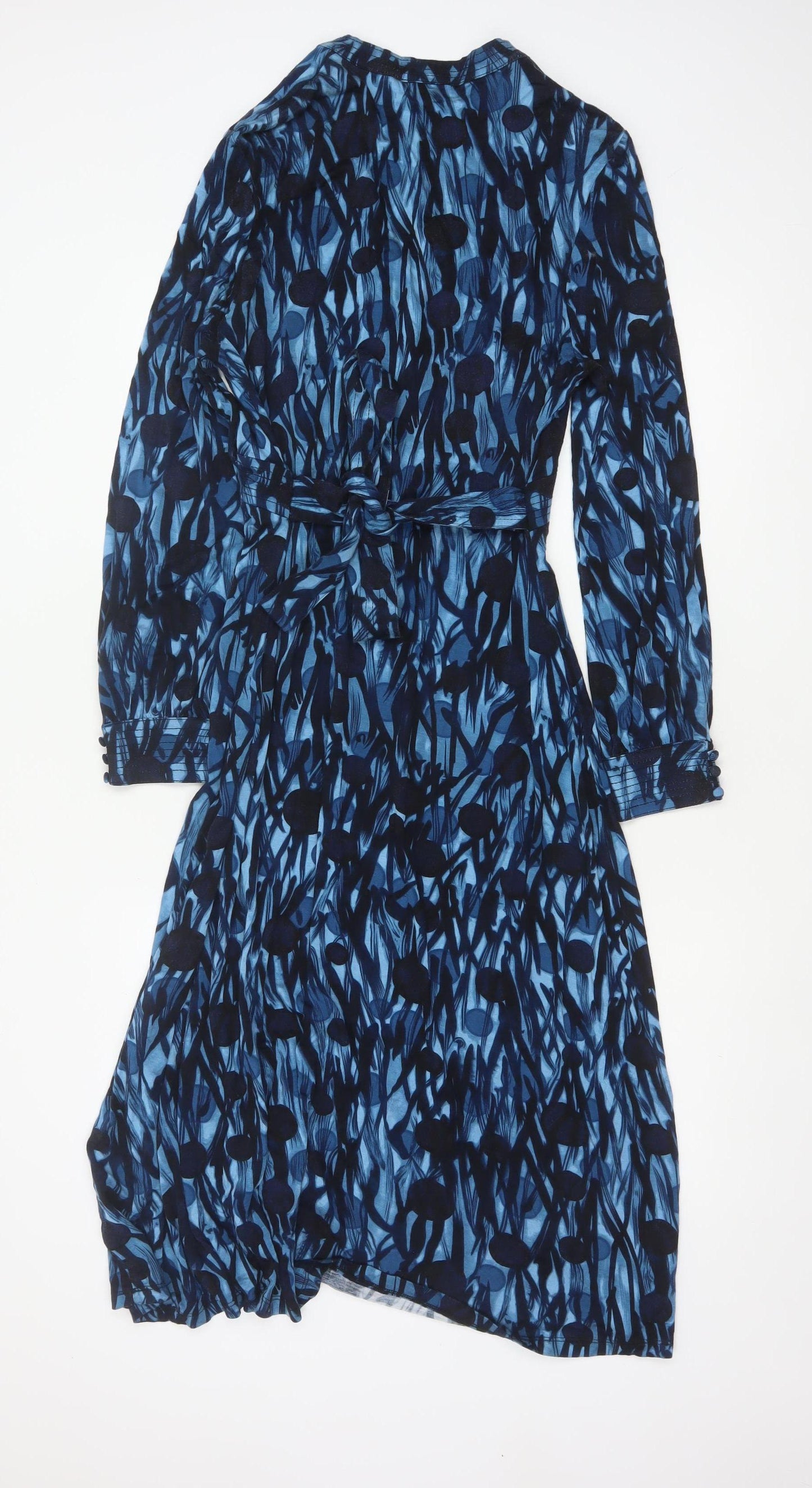 East Women Blue Print Size 14 Long Sleeve Fit & Flare Belted Dress
