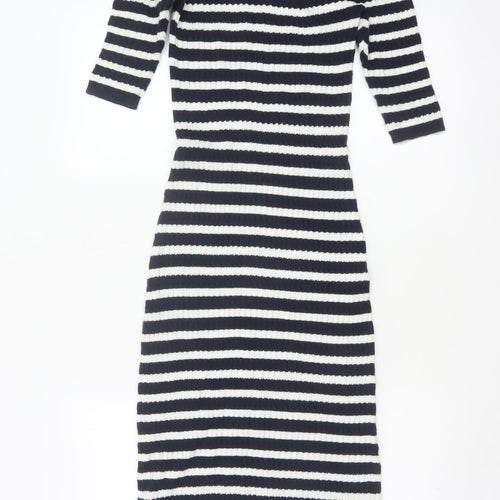 Next Women Blue White Striped UK 8 Knit Jumper Dress 3/4 Sleeve