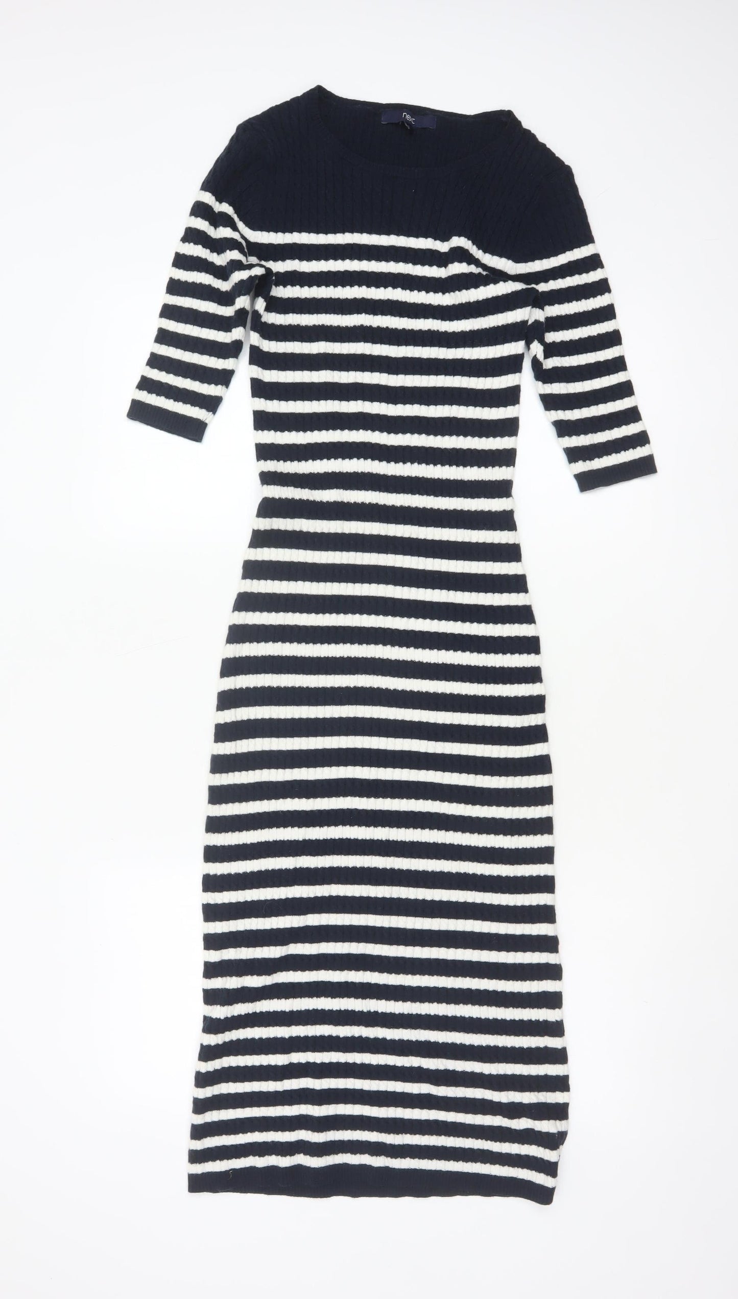 Next Women Blue White Striped UK 8 Knit Jumper Dress 3/4 Sleeve