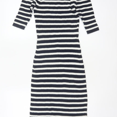 Next Women Blue White Striped UK 8 Knit Jumper Dress 3/4 Sleeve