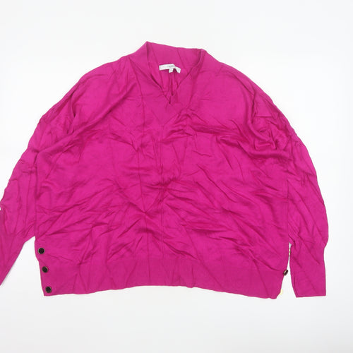 Next Women Pink L V-Neck Fine Knit Button Detail Jumper