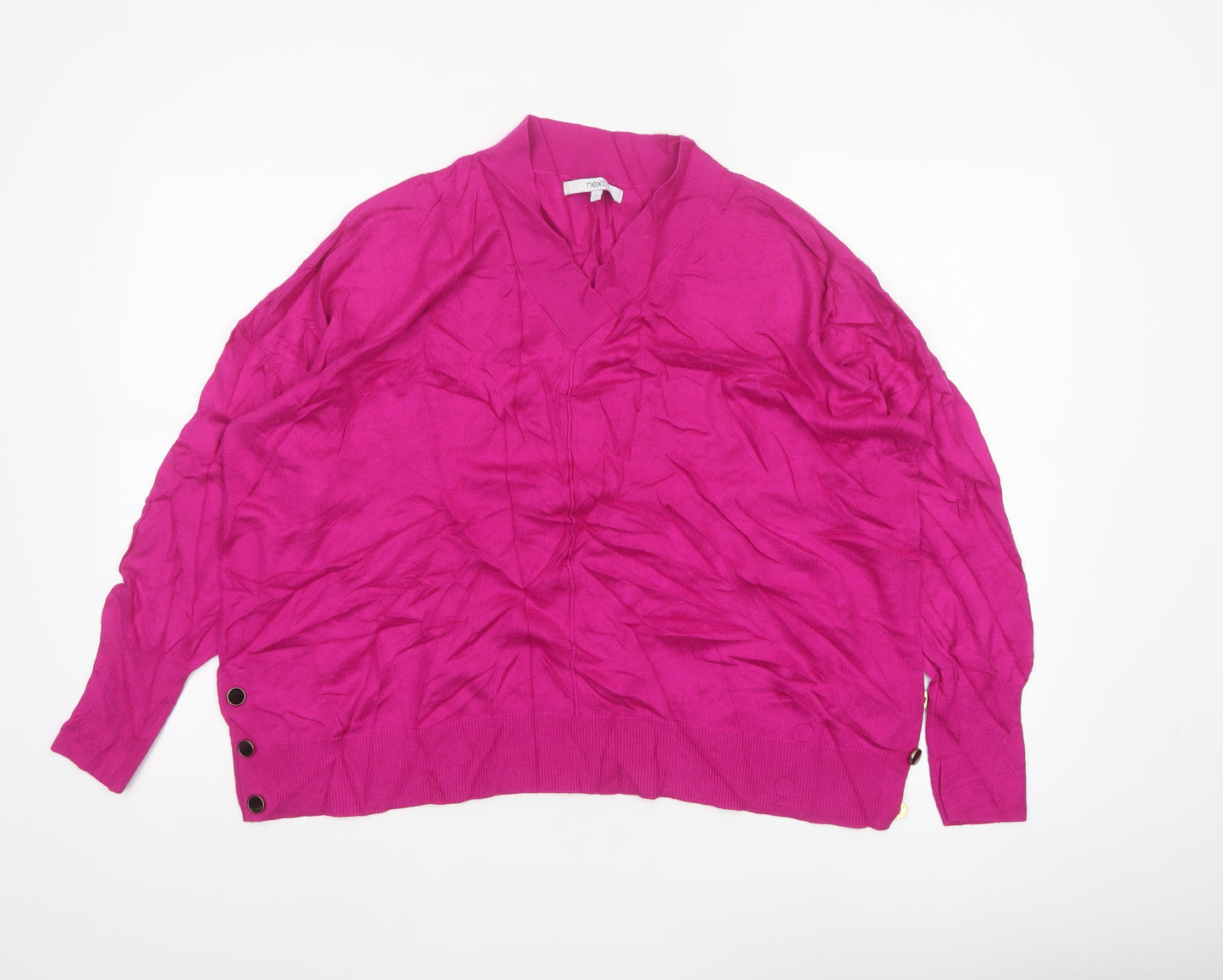 Next Women Pink L V-Neck Fine Knit Button Detail Jumper