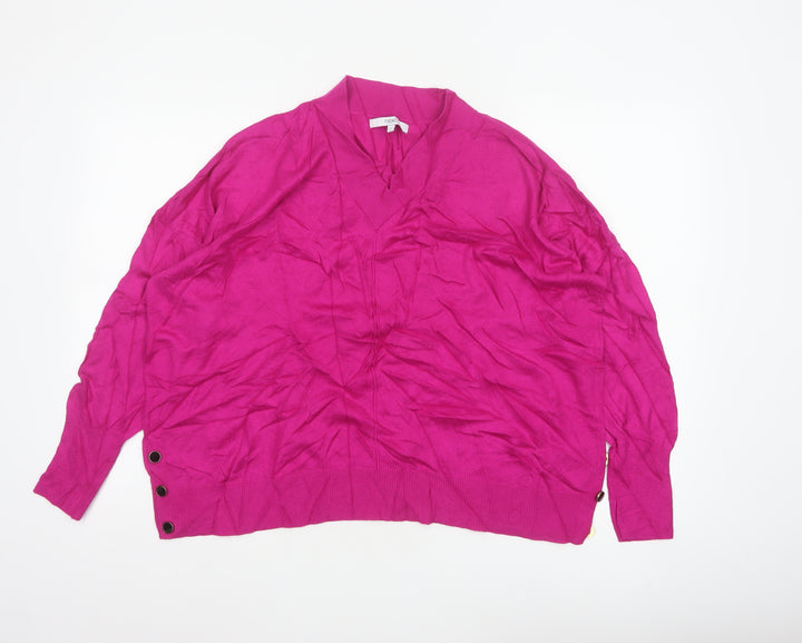 Next Women Pink L V-Neck Fine Knit Button Detail Jumper