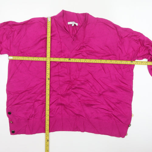 Next Women Pink L V-Neck Fine Knit Button Detail Jumper