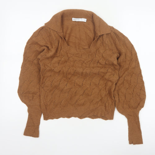 Warehouse Women Brown S Collared Puff Sleeve Open-Knit Jumper