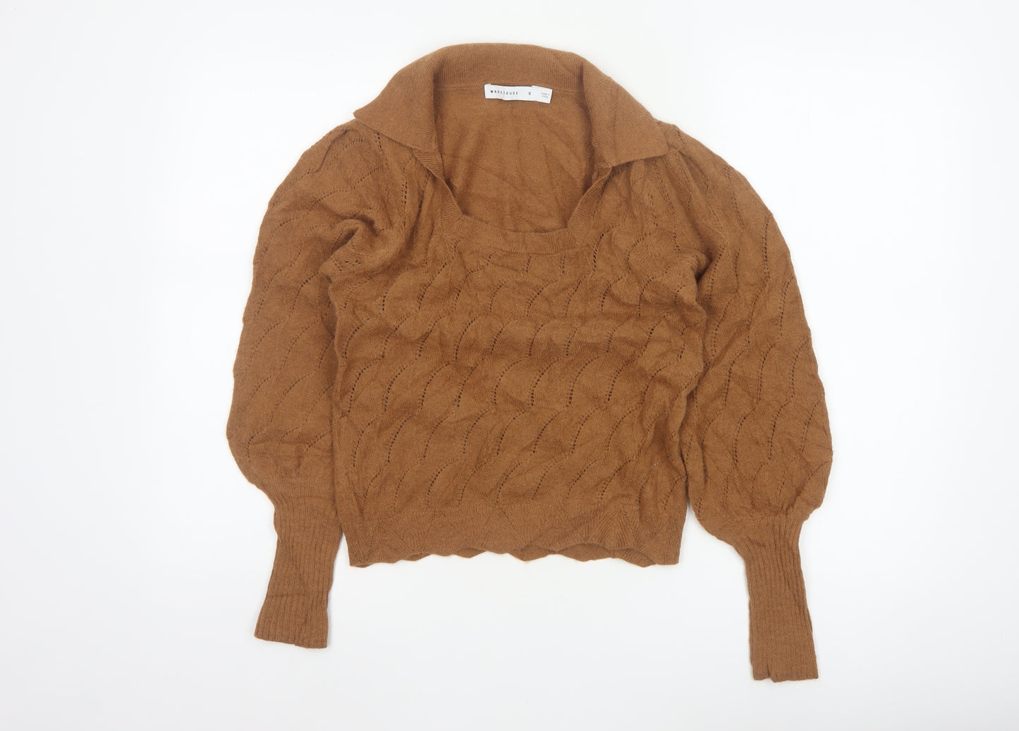Warehouse Women Brown S Collared Puff Sleeve Open-Knit Jumper