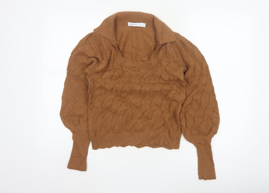 Warehouse Women Brown S Collared Puff Sleeve Open-Knit Jumper
