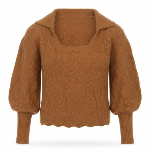 Warehouse Women Brown S Collared Puff Sleeve Open-Knit Jumper
