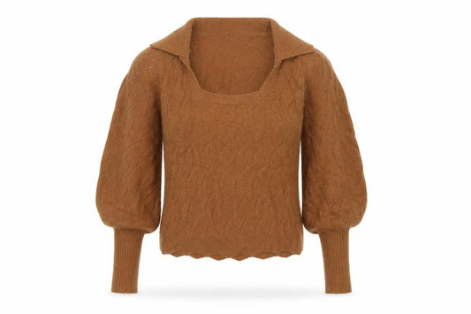 Warehouse Women Brown S Collared Puff Sleeve Open-Knit Jumper