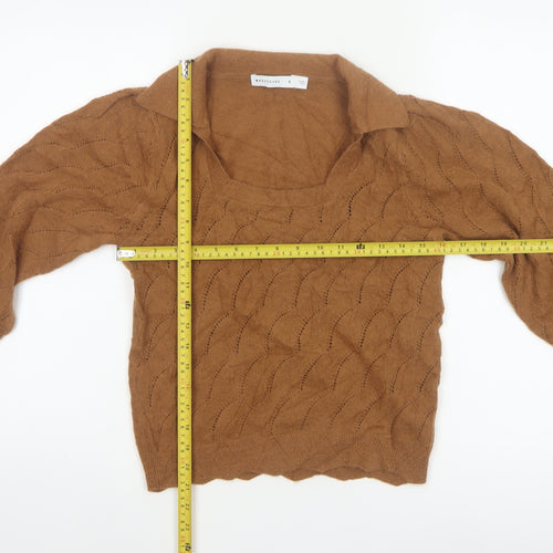 Warehouse Women Brown S Collared Puff Sleeve Open-Knit Jumper