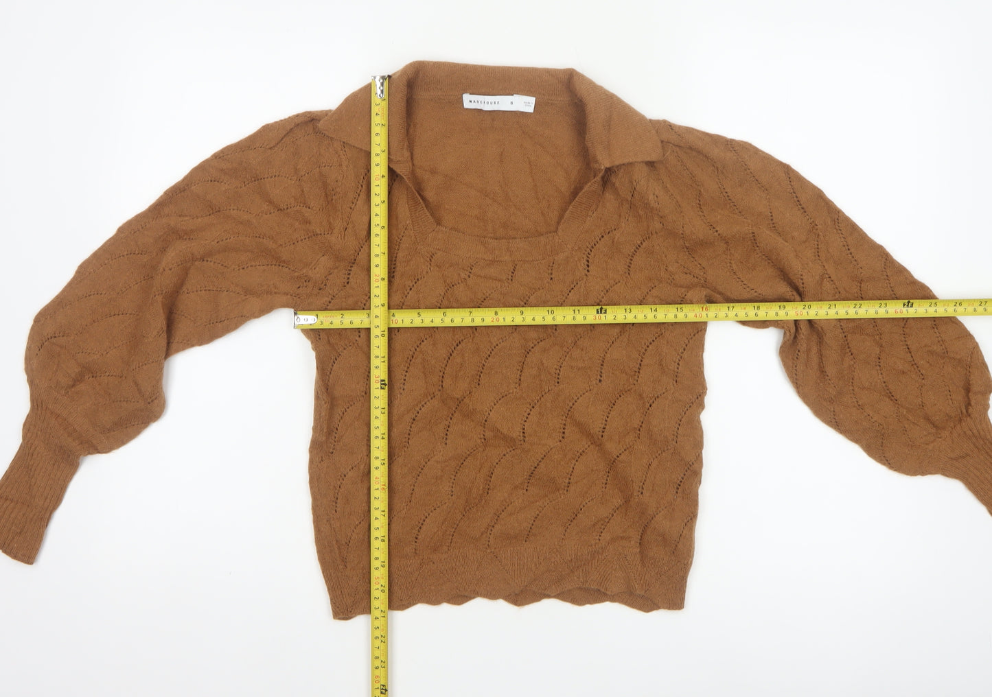 Warehouse Women Brown S Collared Puff Sleeve Open-Knit Jumper