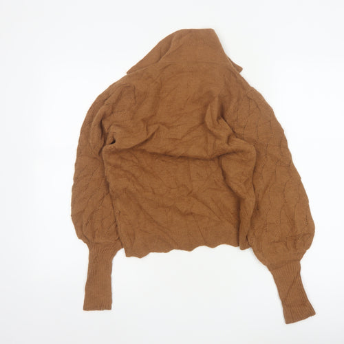 Warehouse Women Brown S Collared Puff Sleeve Open-Knit Jumper