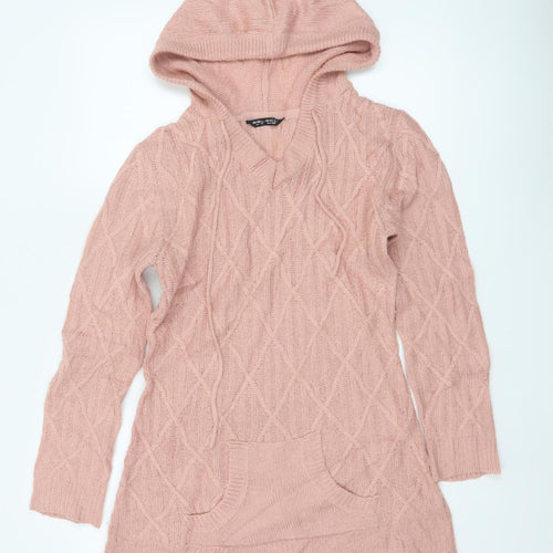 Select Women Pink UK 12 Hooded Cable-Knit Pocket Jumper