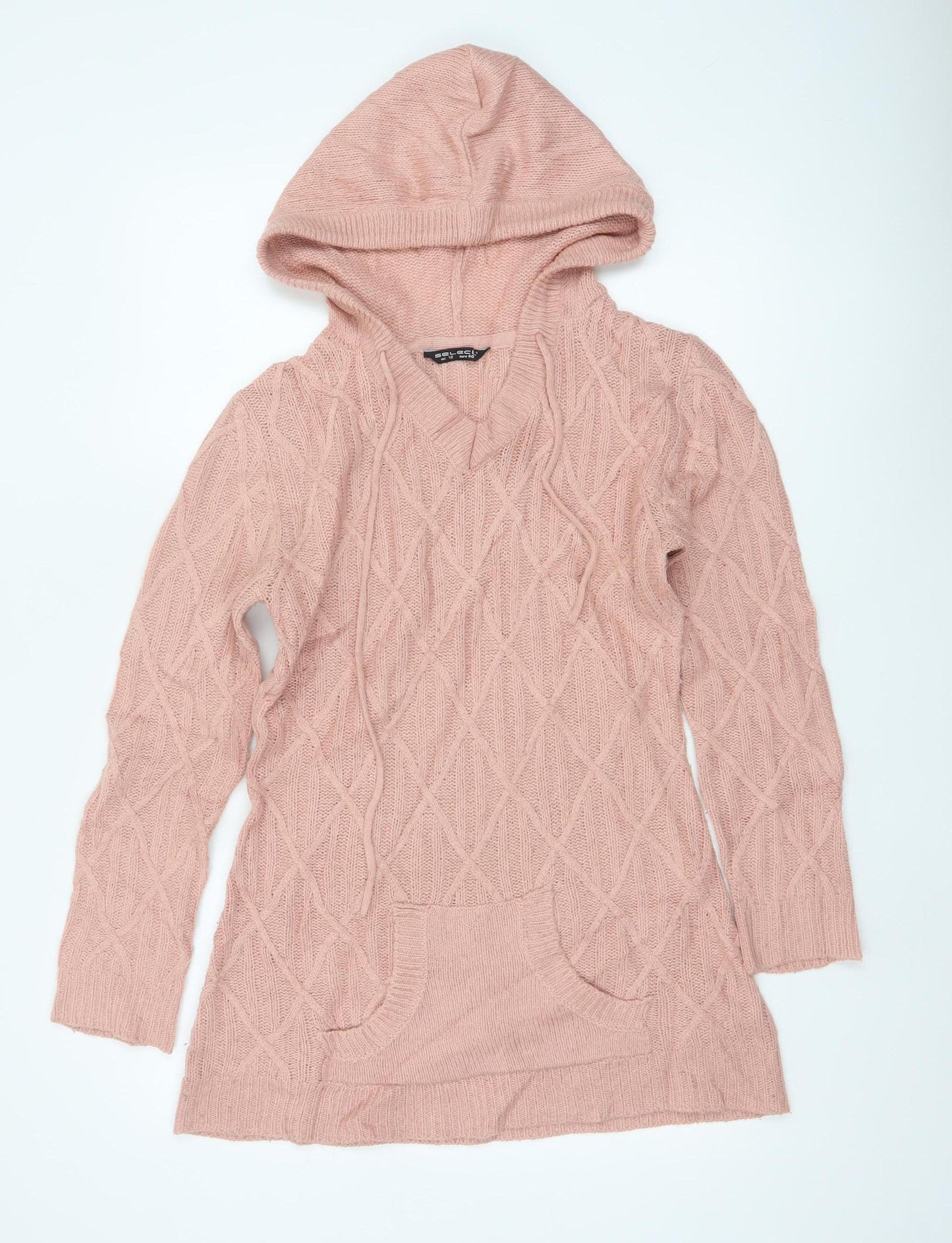 Select Women Pink UK 12 Hooded Cable-Knit Pocket Jumper