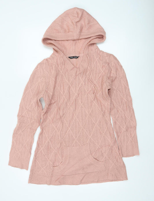 Select Women Pink UK 12 Hooded Cable-Knit Pocket Jumper