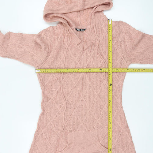 Select Women Pink UK 12 Hooded Cable-Knit Pocket Jumper