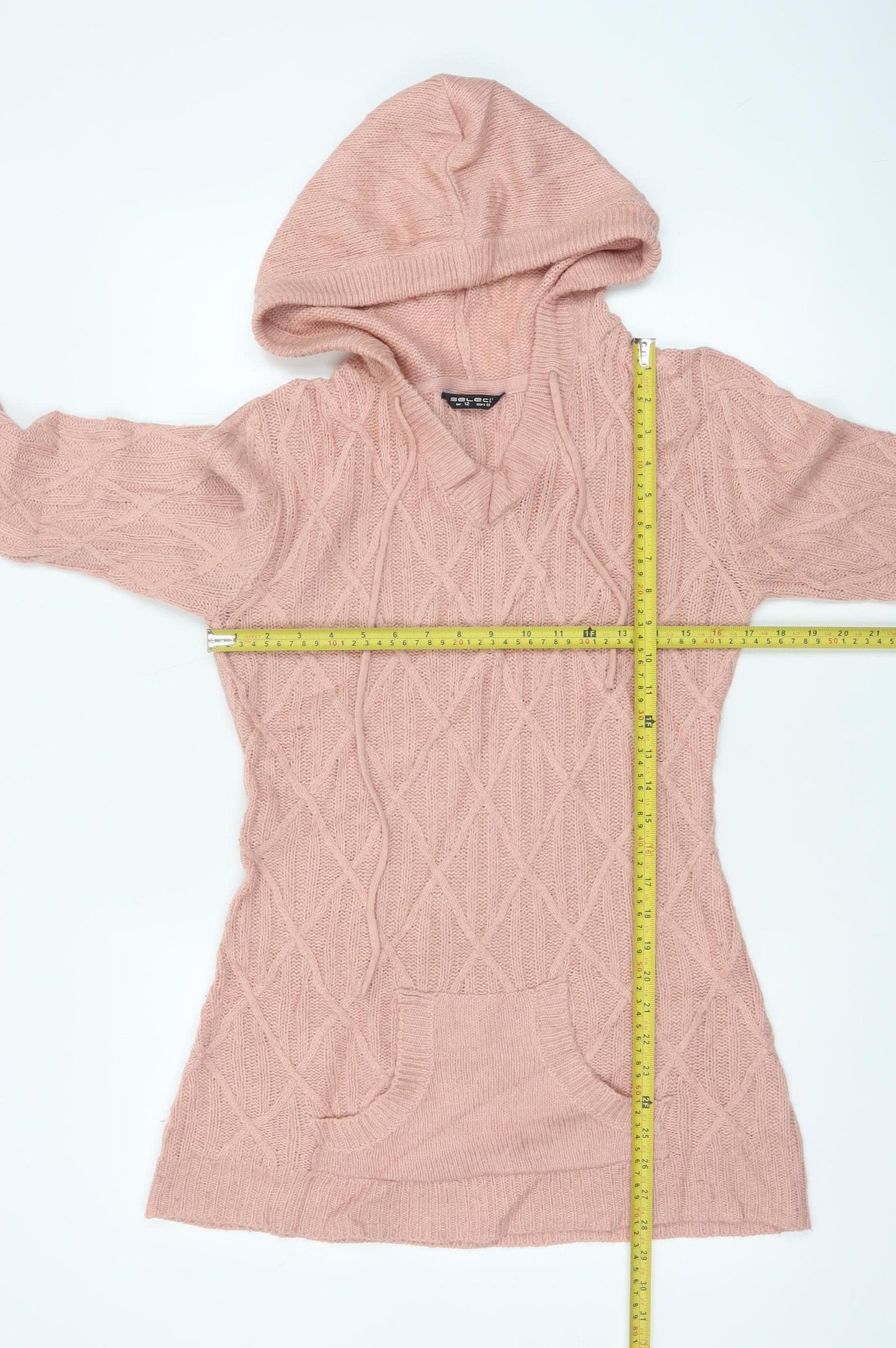 Select Women Pink UK 12 Hooded Cable-Knit Pocket Jumper